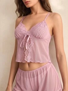 Charlaine Women's Lace Patchwork Camisole Top And Shorts Casual Daily Home Sleepwear Set - Pink - View 6