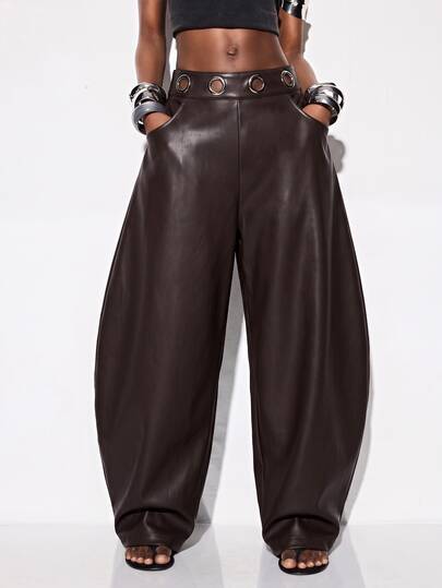 Aveloria GENKIRA Women's Pants High Waist Wide Leg Barrel Fit PU Waist Metal Eyelets Side Pockets Baddie Streetwear Modern Brown Solid Wide Leg Pants Fall