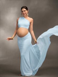 Cheriluna Maternity 優雅孕婦流暢緞帶攝影套裝，適合嬰兒洗禮派對拍照，嬰兒藍色，冬季款 - 淺藍色 - 查看 7