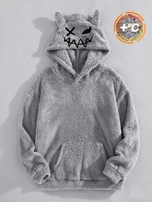 SHEIN 兒童青少年男孩休閒灰色毛絨連帽衛衣，惡魔臉圖案，適合秋冬返校季 - 灰色 - 查看 4