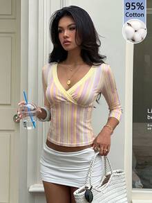 Aloruh 初秋優雅休閒 Y2K 95%棉條紋女款 T恤，初秋彩色舒適條紋 T恤 - 彩色 - 查看 6