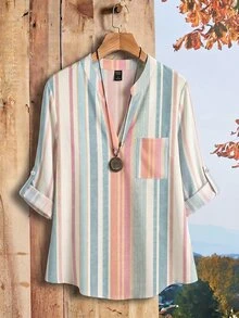 EMERY ROSE Striped Plus Size Women's V-Neck Rolled Sleeve Blouse, Suitable For Early Autumn - Multicolor - View 3