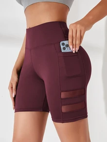 SHEIN Sports Women's Mesh Patchwork Casual Daily Sports Shorts (With Pockets) - Red Violet - View 6