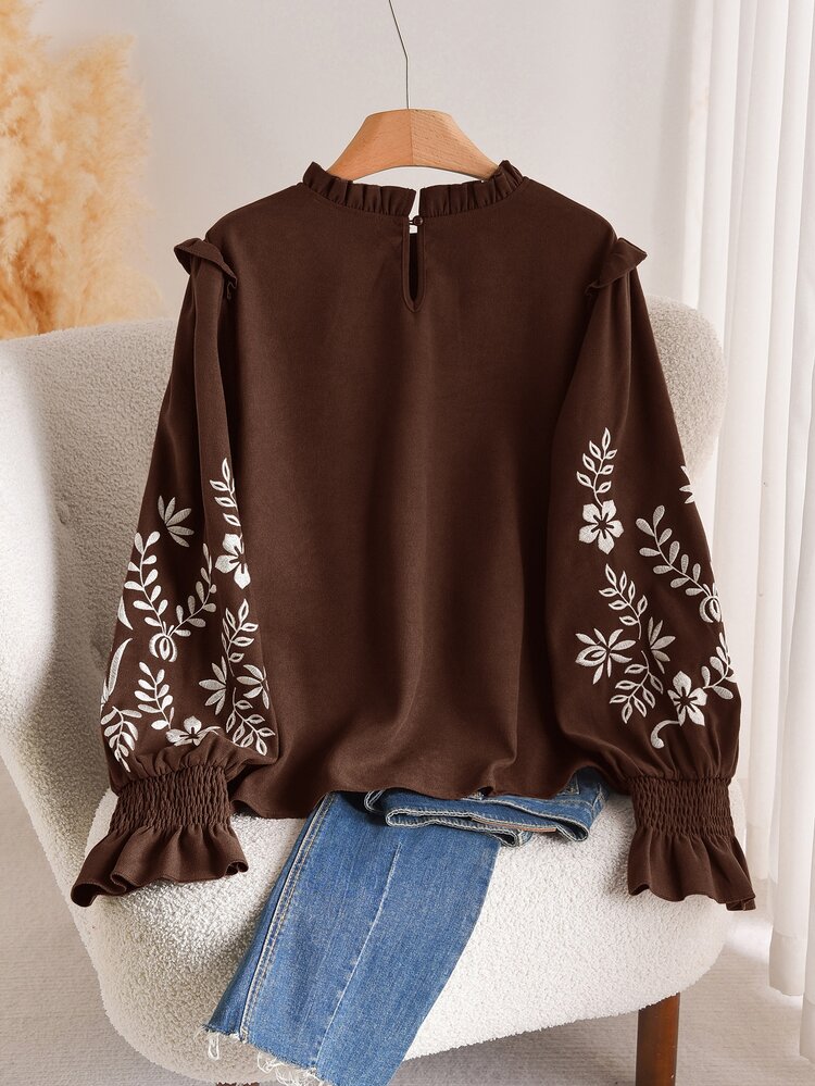 CosyJoli Plus Size Women's Botanical Embroidered Blouse - Mocha Brown - View 2