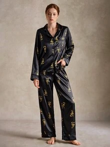 EverLounge Animal Print Faux Silk Open Front Lapel Long Sleeve Long Pants Women's Pajama Set - Black - View 3