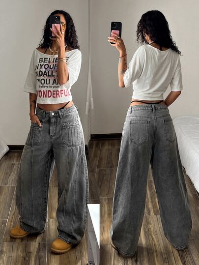 StreetHx Quần denim cạp thấp ống cong phong cách streetwear thời trang casual, thiết kế deconstructed phối patchwork, màu xám, cho mùa hè, mặc hàng ngày, đi chơi và đi tiệc đêm