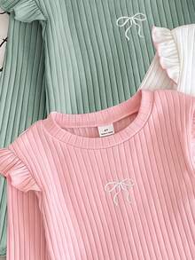 Genkimix Kids 3件組女童秋冬荷葉袖針織打底衫，百搭圓領刺繡蝴蝶結長袖T恤 - 彩色 - 查看 3