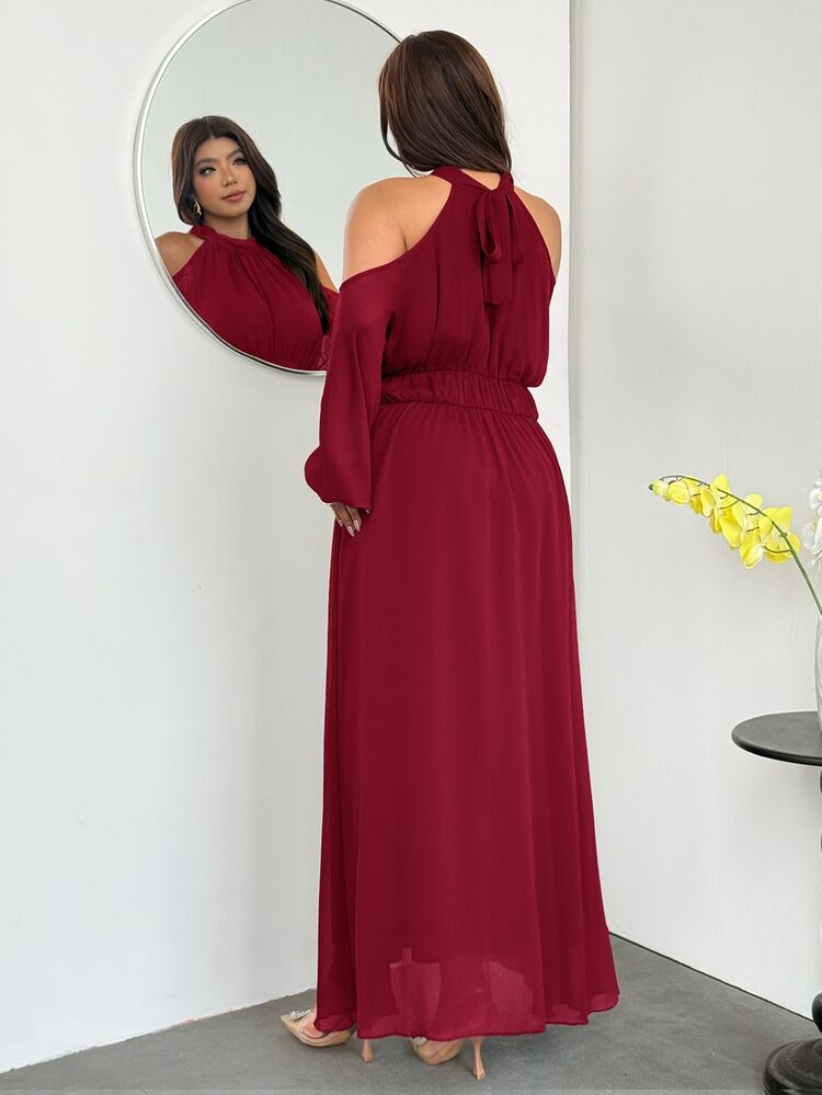 Firerie Plus Size Women Solid Color Off-Shoulder Lantern Sleeve Pleated Elegant Dress - Red - View 2