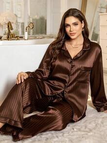 MuseNap CURVE Striped Jacquard Faux Silk Lapel Cardigan Plus Size Pajama Set - Brown - View 5