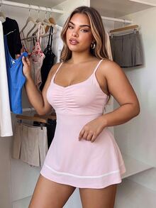 SHEIN Sovereign Charm Plus Size Women's Colorblock Pleated Casual Daily Sports Spaghetti Strap Dress - Pink - View 3