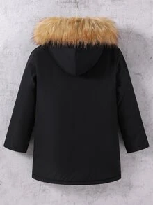 SHEIN 男童棉質加厚外套，黑色與軍綠色拼接連帽毛領填充外套，適合冬季與戶外穿著 - 軍綠色 - 查看 3