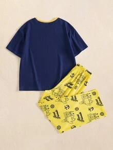 SpongeBob SquarePants | SHEIN Tween Boy Cartoon Print Short Sleeve Top And Long Pants Casual Daily Home Pajama Set - Multicolor - View 2