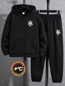 兒童 2 件組 青少年男孩休閒梭織緞帶秋季連帽拉鍊運動衫與運動長褲 - 黑色 - 查看 2