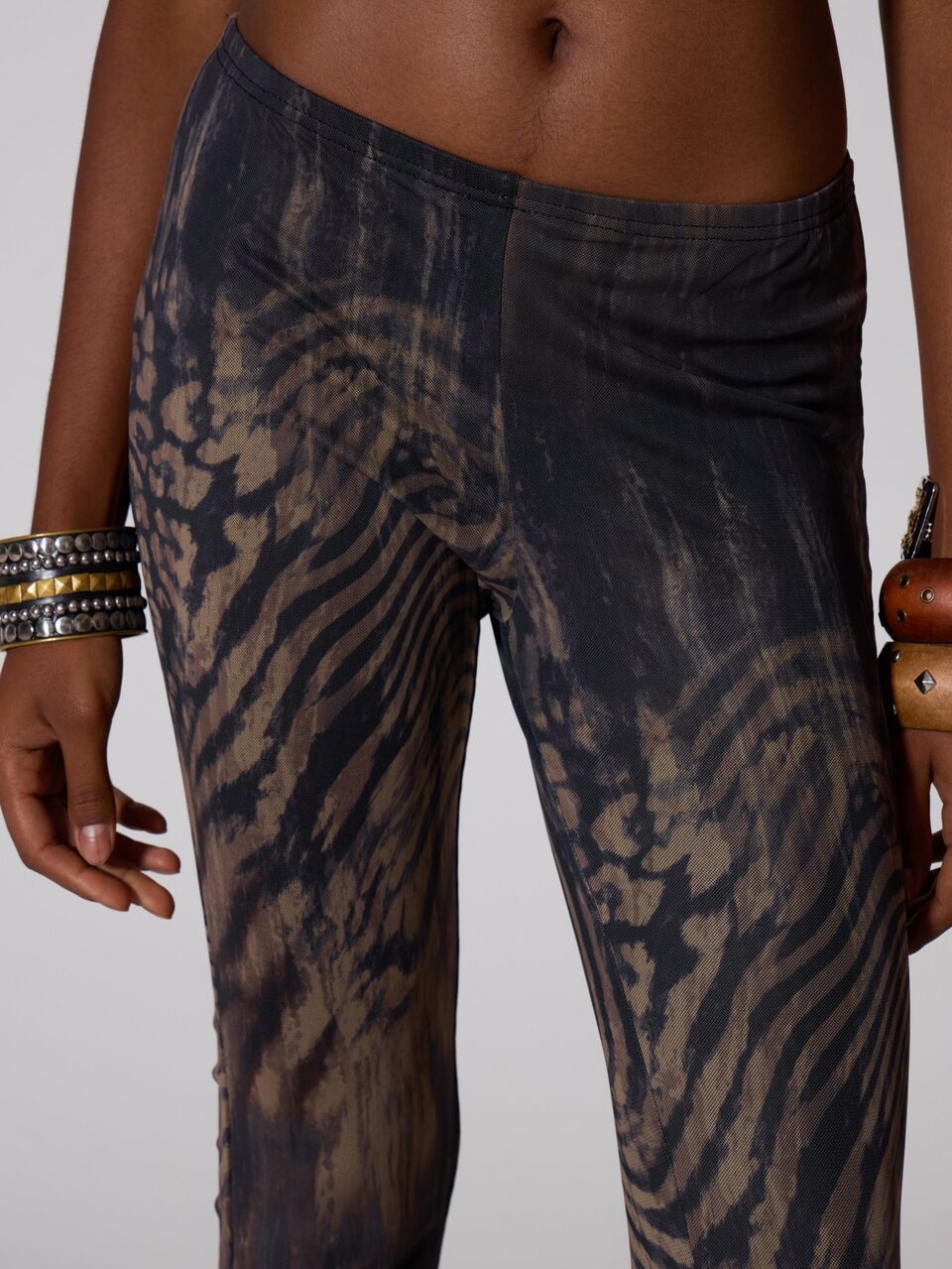 Brown Mesh Animal Print Low Rise Flare Pants