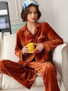 Chillnights طقم بيجامة نسائي كاجوال بلون موحد مفتوح من الأمام للشباب - بني - مشاهدة 1