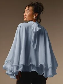 COSMINA Women's Solid Color Stand Collar Casual Versatile Daily Chiffon Blouse - Baby Blue - View 2