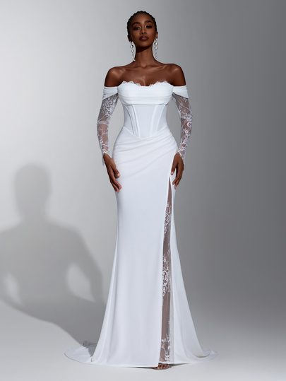 Elitara Elegant White Romantic French Lace Off-Shoulder Sheer Long Sleeve Minimalist Mermaid Dress With Sexy Overlap High Slit Front, Lace Patchwork Sheer, Suitable For All Formal Wedding Events, Lightweight Wedding Dress For Women Bride