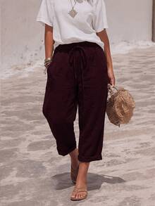 SHEIN Holidaya Casual Vacation Style Solid Color Long Pants - Red - View 3