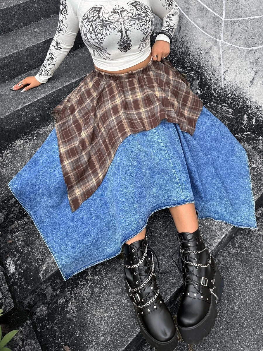 Jeanoix Plus Size Plaid Patchwork Asymmetric Hem Denim Skirt - Multicolor - View 1