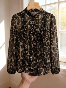SHEIN Clasi Plus Size Women's Leopard Print Patchwork Ruffle Chiffon Elegant Blouse - Brown - View 4