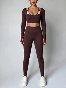 SHEIN Dewbera Women's Colorblock Long Sleeve Top And High Waist Leggings Casual Daily Sports Set - Coffee Brown - View 3