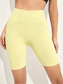 SHEIN Sports Solid Color High Waist Seamless Sports Shorts - Pale Yellow - View 3