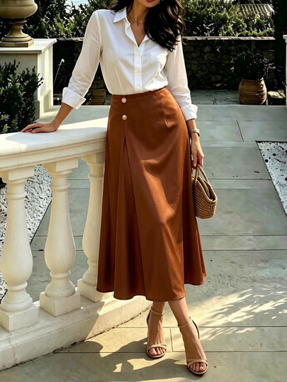 SHEIN PariChic กระโปรงยาวสีน้ำตาลผู้หญิงสไตล์ฝรั่งเศสวินเทจหรูหรา สำหรับใส่ไปทำงาน ผ้าซาตินเอวสูง แต่งหัวเข็มขัดโลหะ