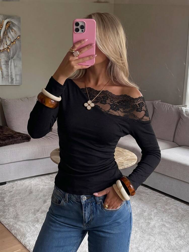 Siren Gaze Autumn New Cold Shoulder Lace Patchwork Long Sleeve T-Shirt For Women Night Out Going Out Black Sexy - Black - View 8