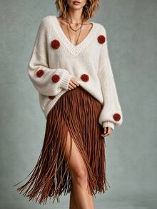LUMIGAL Women's Casual 3D Pom Pom Decor Sweater, Autumn/Winter - Apricot - View 3