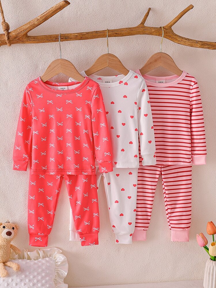 SHEIN [Random 9 Sets, 2 Sets Sent] Baby Girl Home Pajama Set, Long Sleeve Long Pants, Rabbit Heart Bow Polka Dot Stripe Flower Cartoon Print, All Season, Home Or Outdoor Play, Soft Skin-Friendly Snug Fit - Multicolor - View 3