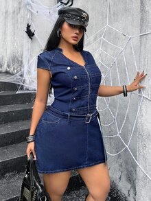 Jeanoix Gaun Denim Kasual Musim Panas Wanita Ukuran Plus dengan Desain Gesper - Biru - View 6