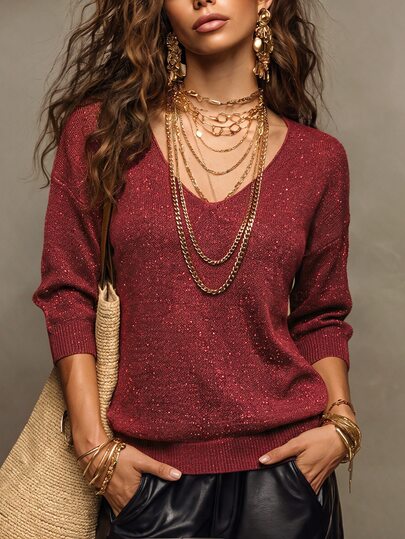 SHEIN New Spring Fall Glam Lurex Knit Slant Cut V Neck Top Women Drop Shoulder Three Quarter Cuff Sleeve Rel
