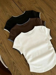 Tween Girls 3pcs/Set Simple Colorblock Small Shell Embroidered Trim Slim Fit Ruched Waist Round Neck Short Sleeve T-Shirt, Suitable For Summer, Personalized T-Shirt, Black & White Colorblock, Blue & Coffee Colorblock T-Shirt, Suitable For Spring/Summer, Casual & Comfortable - Multicolor - View 2