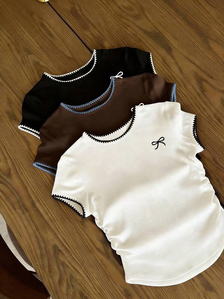 Tween Girls 3pcs/Set Simple Colorblock Small Shell Embroidered Trim Slim Fit Ruched Waist Round Neck Short Sleeve T-Shirt, Suitable For Summer, Personalized T-Shirt, Black & White Colorblock, Blue & Coffee Colorblock T-Shirt, Suitable For Spring/Summer, Casual & Comfortable - Multicolor - View 1