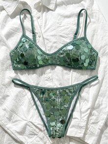Zestiva Women's Solid Color Sequin 2-Piece Sexy Bikini Set For Beach, Vacation And Party - Mint Green - View 6