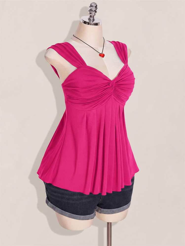 SHEIN ICON Plus Size Women's Rose Red Twisted Front Sleeveless Tank Top, Doll Style Knitted Top, Y2K Style Clothing, Graduation Season And Back To School Outfit, Summer Apparel, Cute Women's Top, Doll Style Top - Hot Pink - View 5