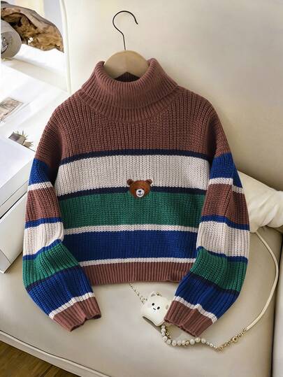 Girls (Big) Sweater, Long Sleeve Multi-Color Striped Bear Embroidery Twisted Rope Pullover, Suitable For Spring, Autumn, Winter, Pairs With Jeans, Jackets, Cotton Coats