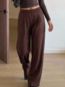 Strévra Women's Striped Casual Versatile Daily Wear Long Pants Fall - Burgundy - View 1