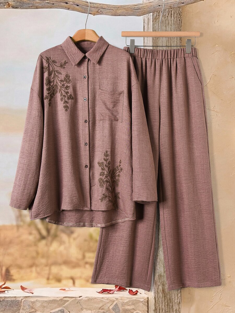 Rusticease 女款刺繡襯衫與長褲兩件套 - 棕色 - 查看 1