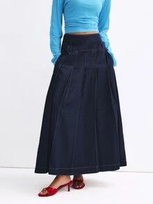 ATUI Studio Women's Solid Color Casual Versatile Daily Wear Skirt - Navy Blue - View 5