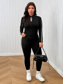 SHEIN EZwear Plus Size Cropped Jacket & Leggings 2pcs Set - Black - View 6