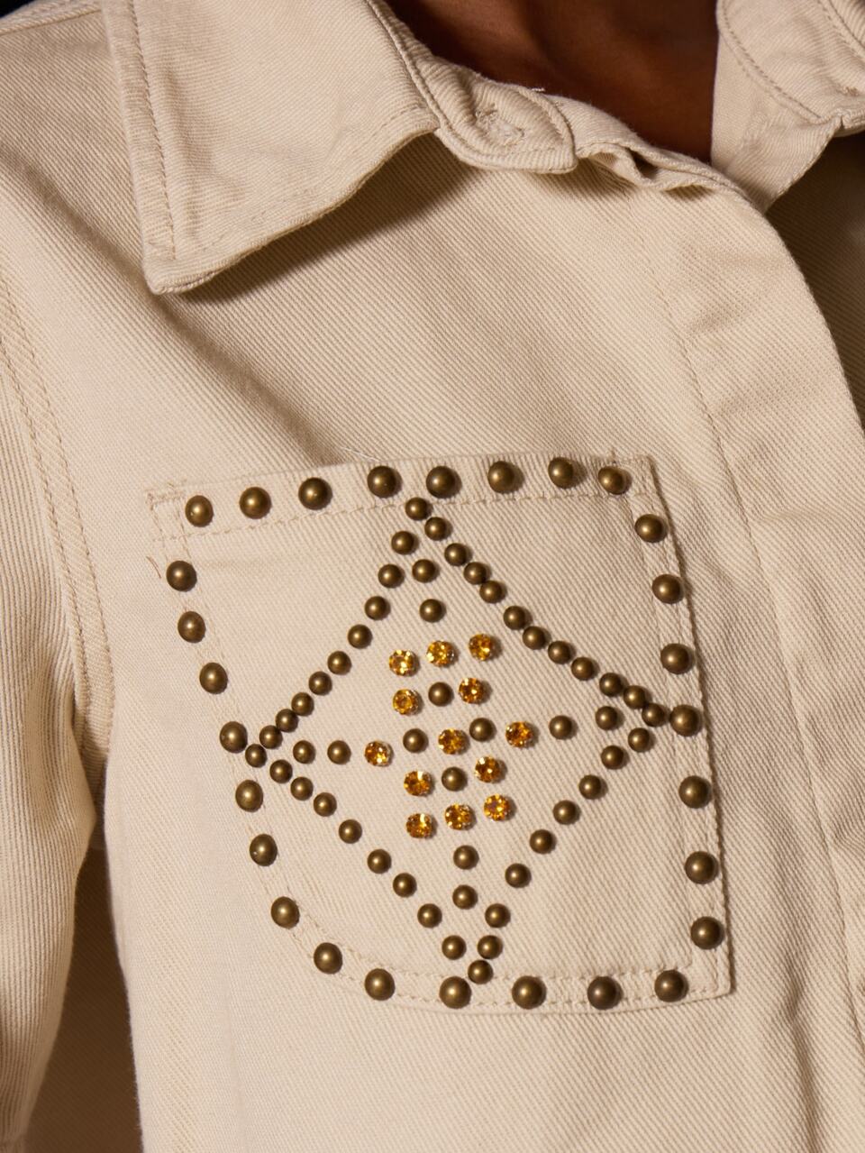 Beige Woven Cropped Studded Shirt Top