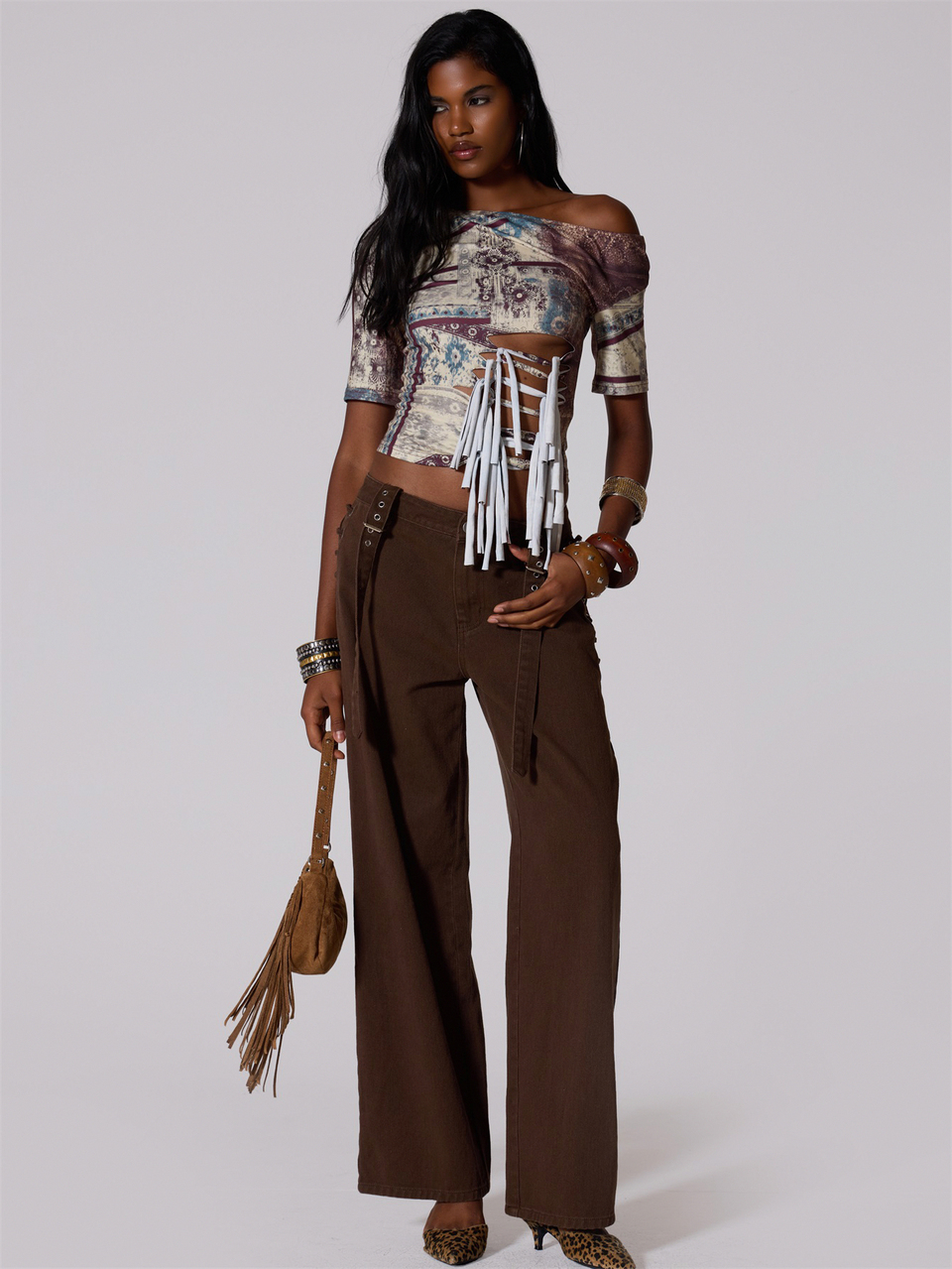 Graphic Printed Slash Lace Up Slouchy Tshirt