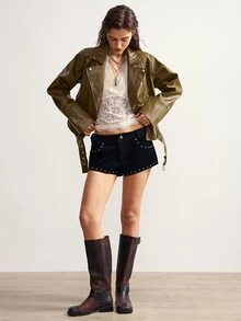 Bohemela Women's Solid Color PU Leather Casual Streetstyle Streetwear Versatile Daily Long Sleeve Jacket Everyday Olive Green Autumn - Army Green - View 3