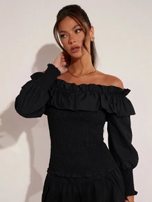 COSMINA Women's Casual Sexy Elegant Ruffle Long Sleeve Top Halloween Party Going Out Black Autumn - Black - View 5