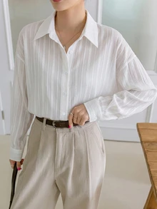 Dazy-Less Autumn Casual Versatile Solid Color Long Sleeve Shirt Business Casual Woman - White - View 4