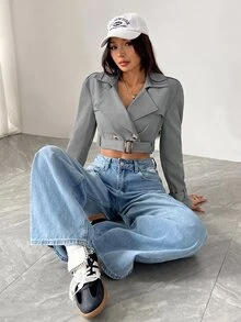 SHEIN EZwear 女款缺口領前開鈕扣長袖短款風衣，適合秋冬日常休閒穿著 - 淺灰色 - 查看 5