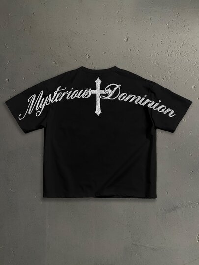 StoneGrade American Retro Cross Curved English Font Typography Fashion Print Men's Black Standard Size Drop Shoulder Loose Fit Short Sleeve T-Shirt