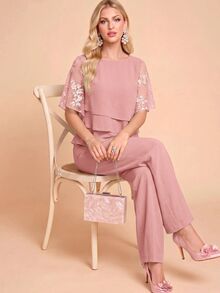 Amorya 女款花卉刺繡網紗拼接上衣褲子兩件套，適合婚禮、晚餐、單身派對、雞尾酒會，灰粉色，夏季優雅休閒白色 - 粉色 - 查看 4