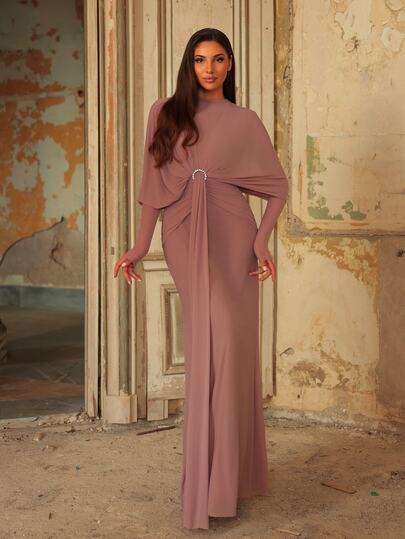 Aureia Elegant Classical Minimalist Knitted Fabric Ruched Crew Neck Back Cowl Waist Fan Pleats Bodycon A-Line Long Dress, Suitable For Dates, Vacations, Bachelorette Parties, Weddings, Back To School, All Formal Occasions, Evening Parties, Women's Bridesmaid Gown